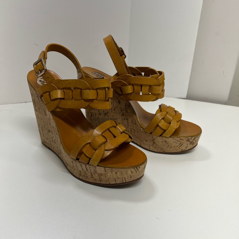 Tory Burch Calyca Wedges Leather Heeled Sandals Size 9 Braided Heels - Picture 3 of 11